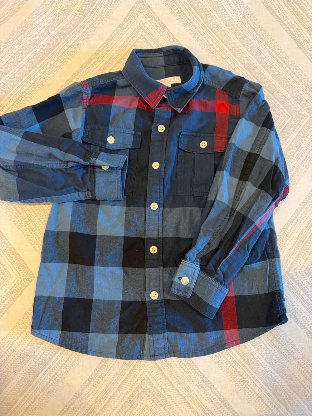Burberry Children Boys Size 6Y Blue Red Plaid Button Down Shirt